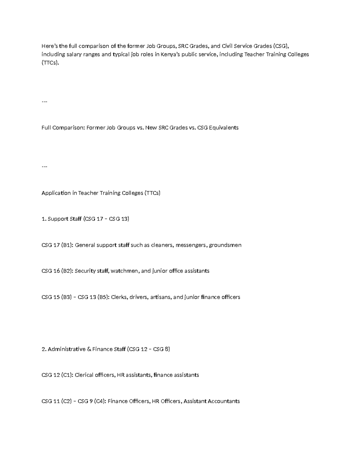 Comparison of Job Groups, SRC Grades, and CSG Salaries in Kenya - Studocu