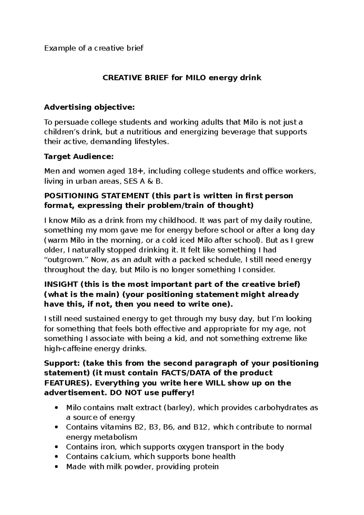 Creative Brief for MILO Energy Drink Marketing Strategy - Studocu