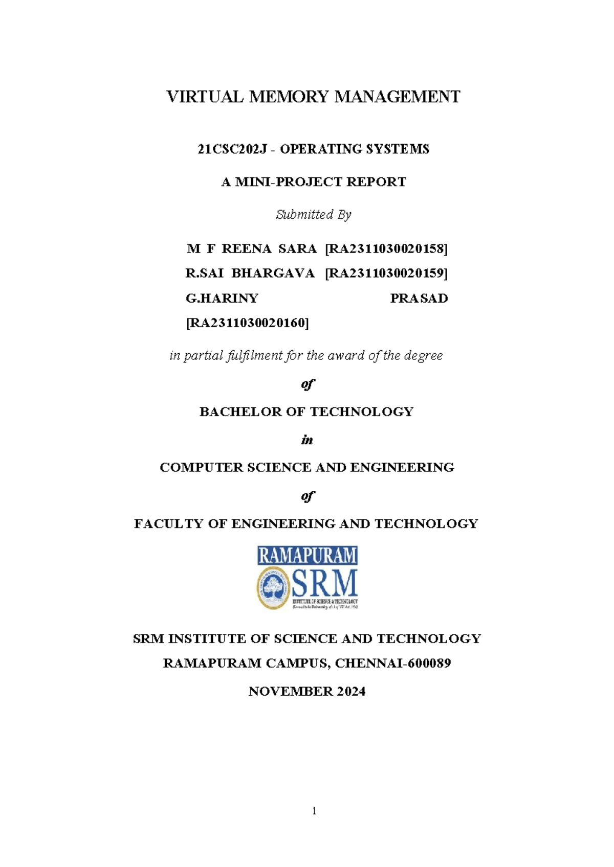 Virtual Memory Management in Operating Systems: 21CSC202J Mini Project ...