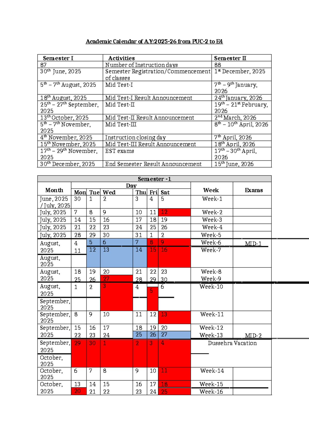 Academic Calendar E4 Semester I & II AY 2025-26 - Studocu