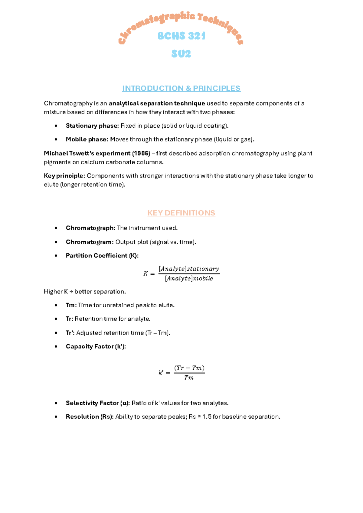 BCHS 321 SU2 Study Notes: Principles and Types of Chromatography - Studocu