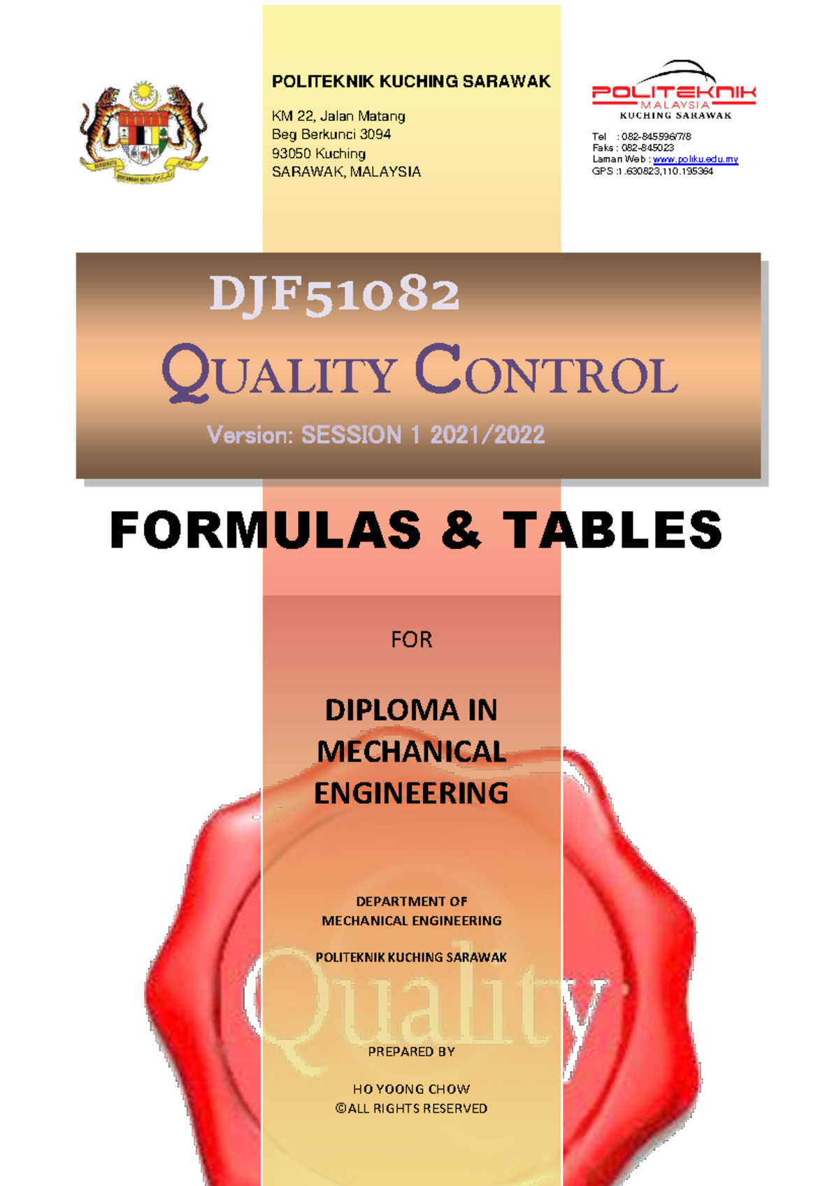 DJF51082 Quality Control Sesi 1 2021/2022: Formulas and Tables - Studocu
