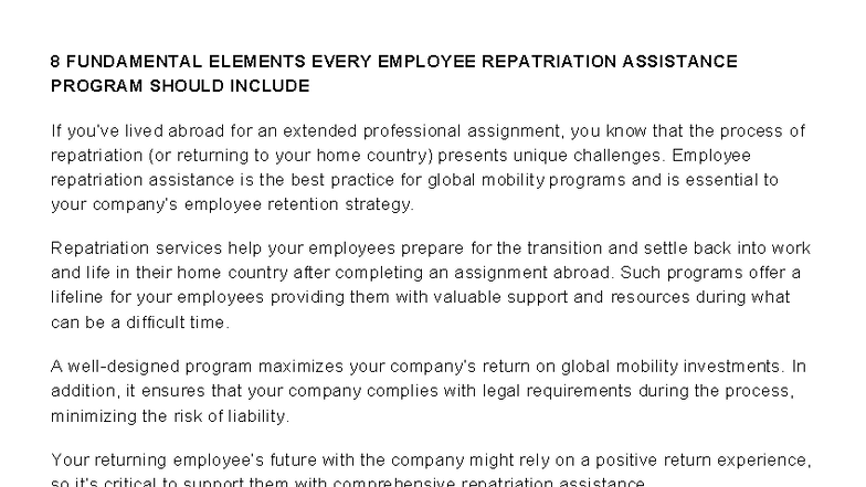 W2 8 Key Elements of Employee Repatriation Assistance Programs - Studocu