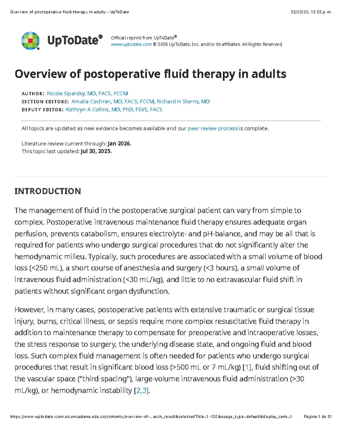 Postoperative Fluid Therapy in Adults: An Overview (UpToDate) - Studocu