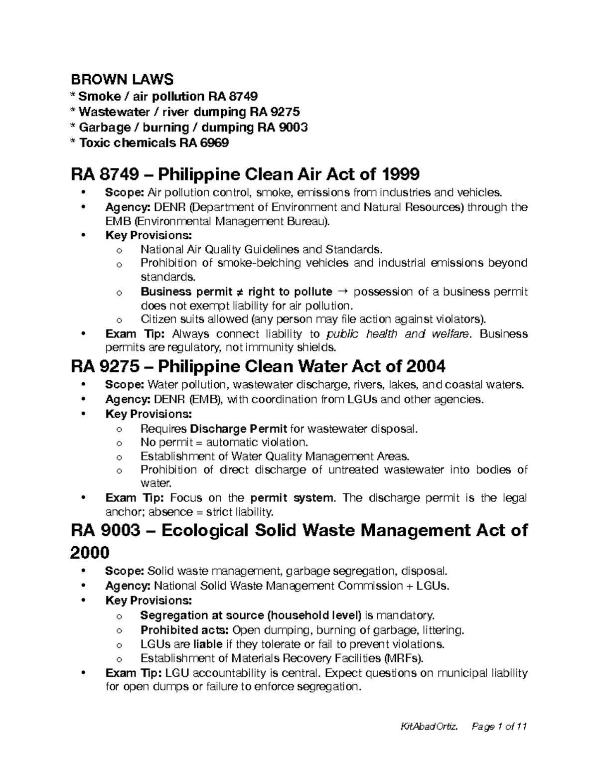 Environmental Law Review: Key Provisions of RA 8749, 9275, 9003, and ...
