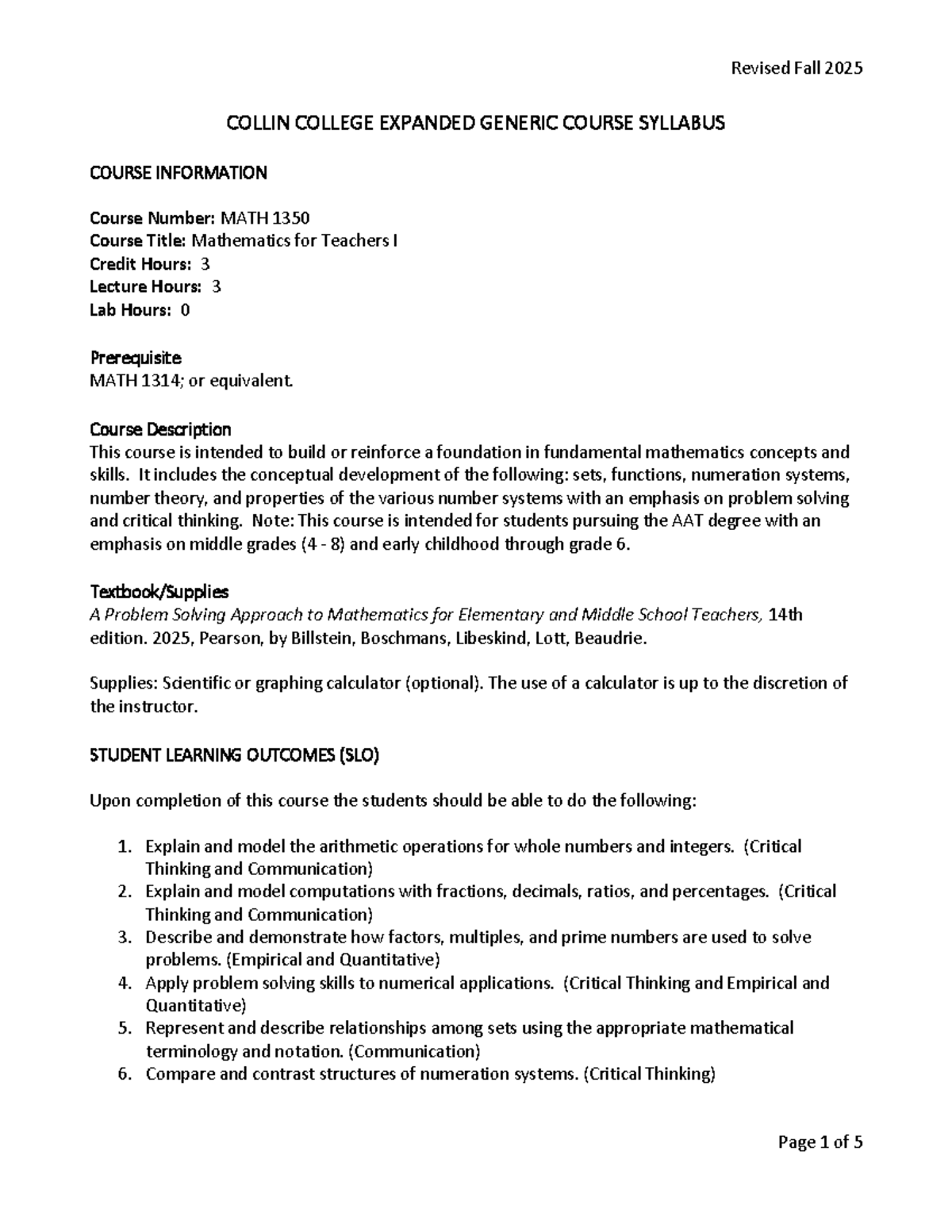 Syllabus for MATH 1350: Mathematics for Teachers I (Fall 2025) - Studocu