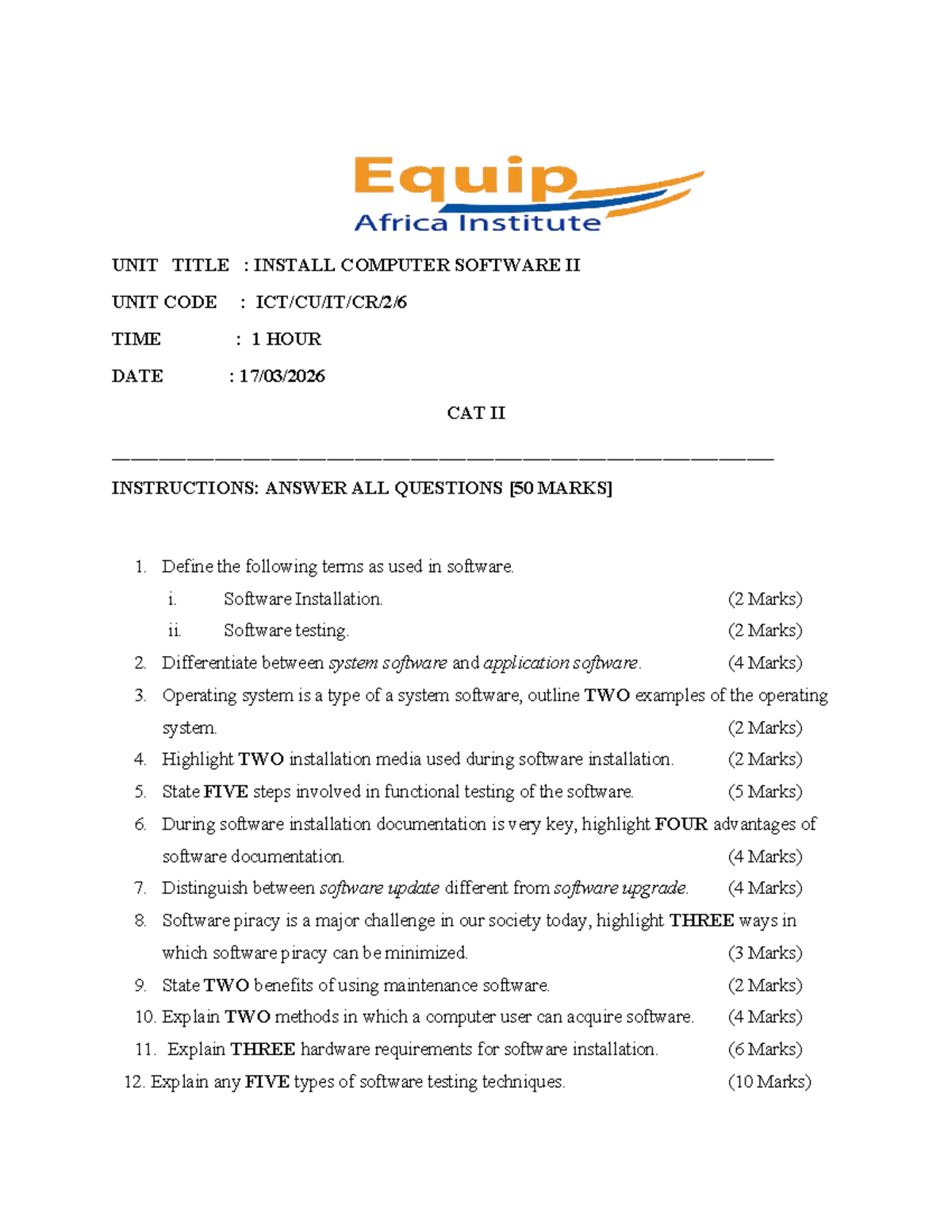 Computer Software Installation II - Level 6 CAT II Exam Guide - Studocu