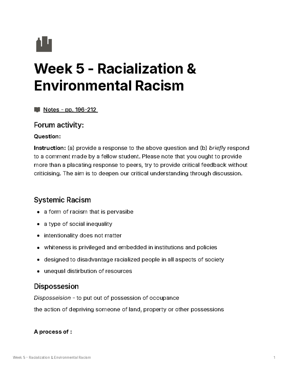 Week 5 Notes: Racialization & Environmental Racism Discussion - Studocu