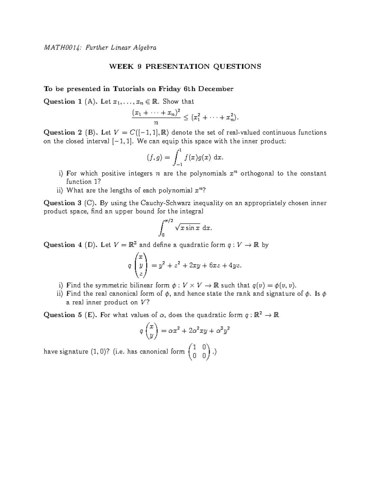 MATH0014: Further Linear Algebra Week 9 Tutorial Presentation Questions ...