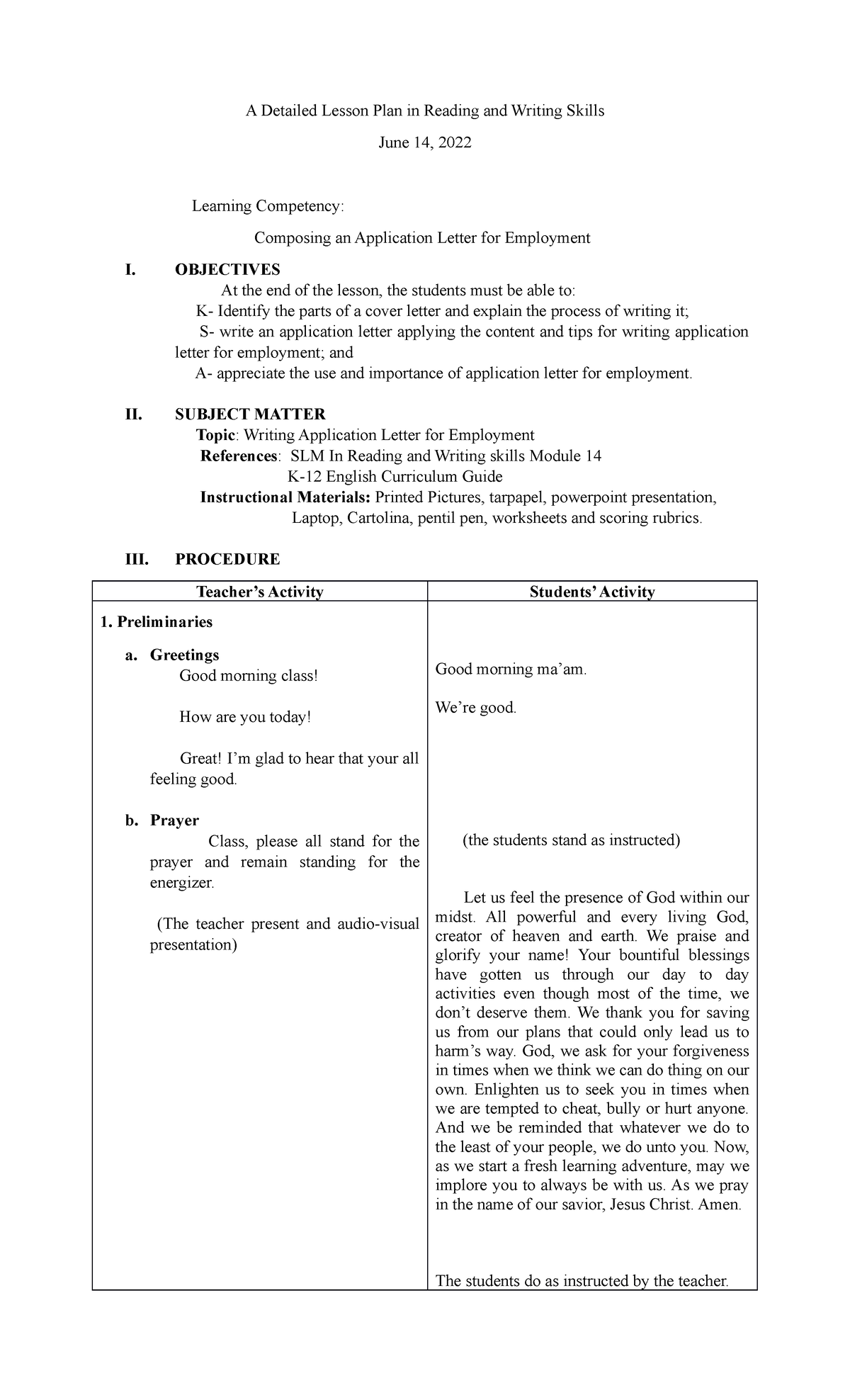 K-12 English 101: Detailed Lesson Plan for Writing Application Letters ...