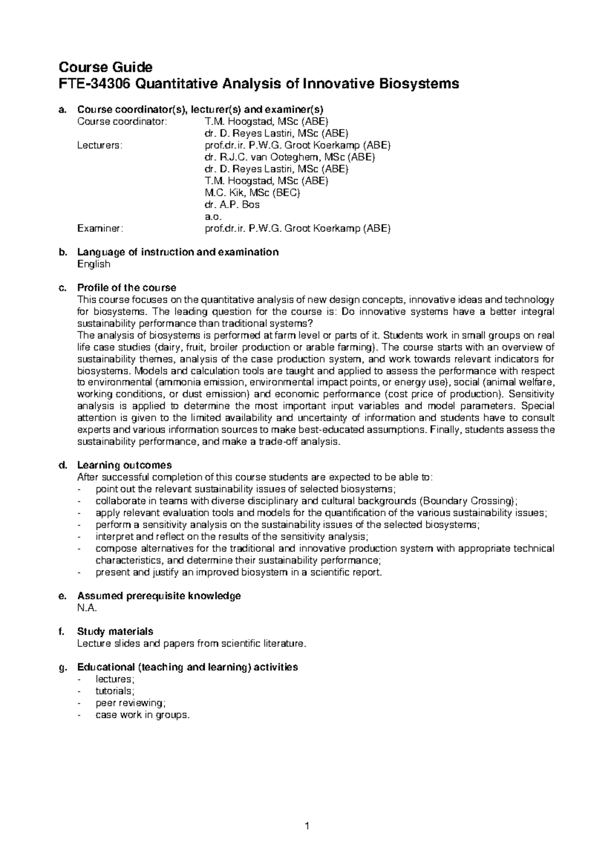 FTE-34306 Course Guide: Quantitative Analysis of Innovative Biosystems ...