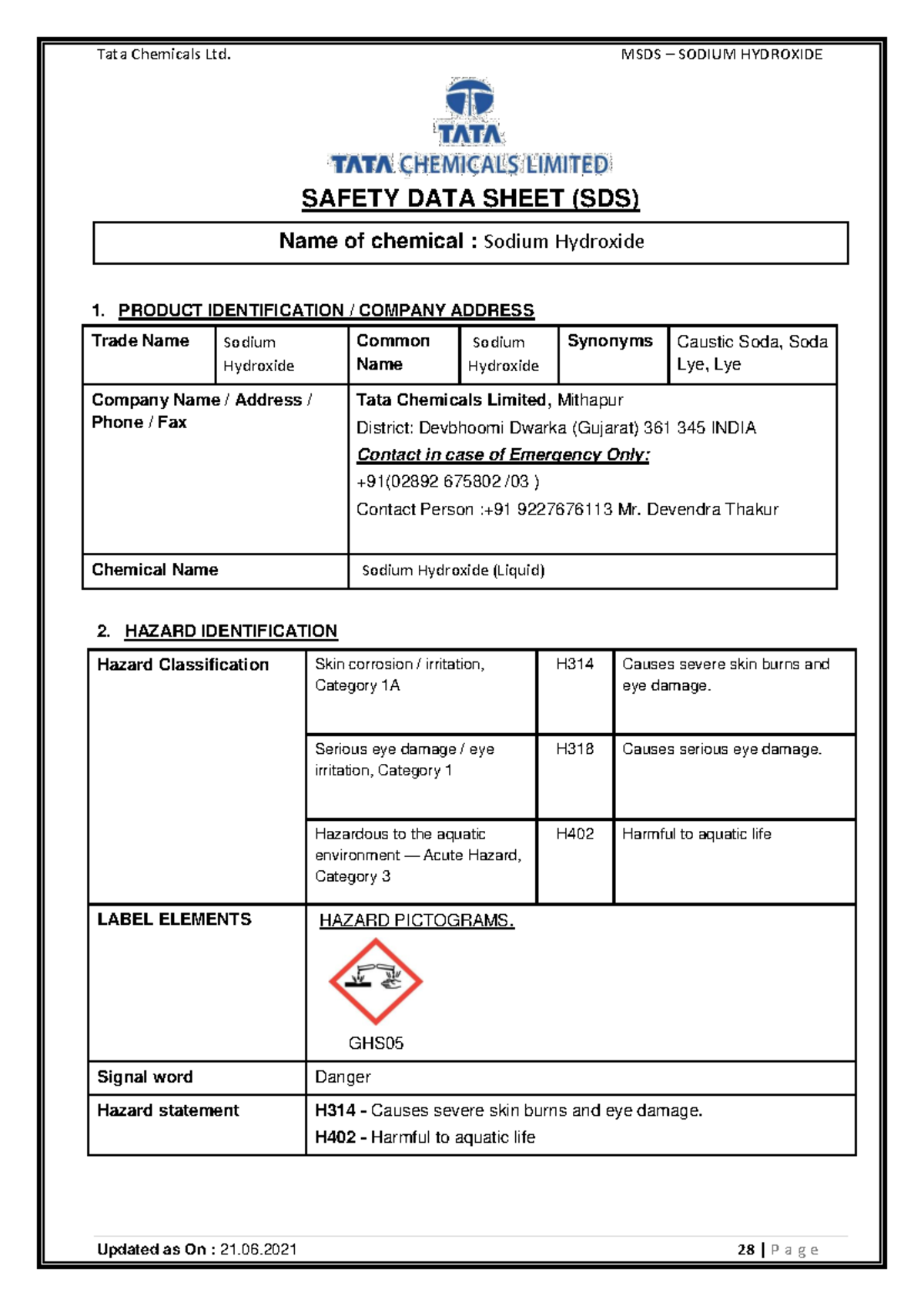 Sodium-hydroxide-tcl-sds-ghs-2021 - SAFETY DATA SHEET (SDS) Name of ...