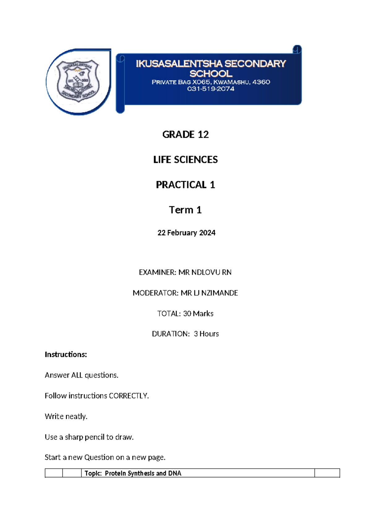Gr 12 Life Sciences Practical 1 - Protein Synthesis and DNA (30 Marks ...