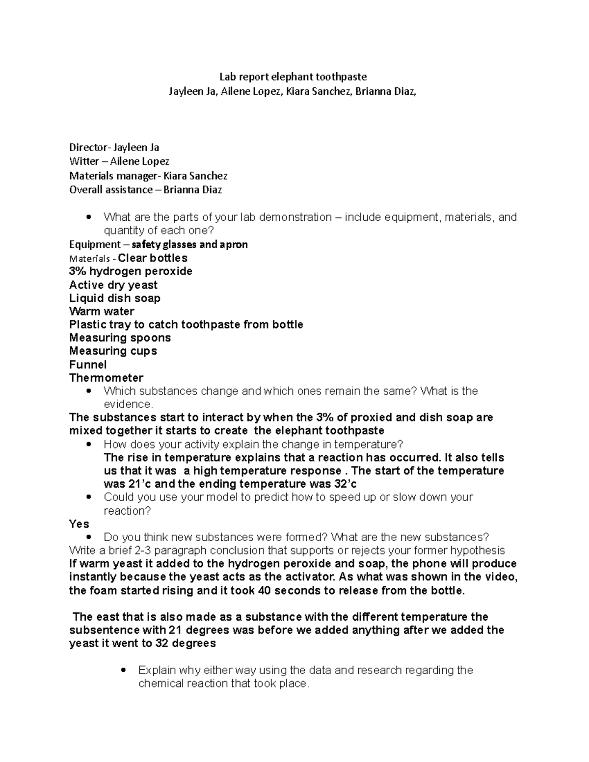Lab report elephant toothpaste - Lab report elephant toothpaste Jayleen ...