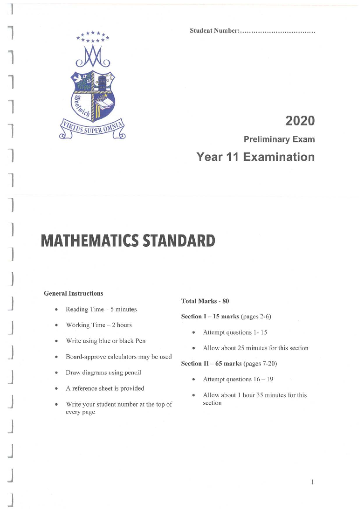 2020 MSCW Year 11 Maths Standard Preliminary Exam Guide - Studocu