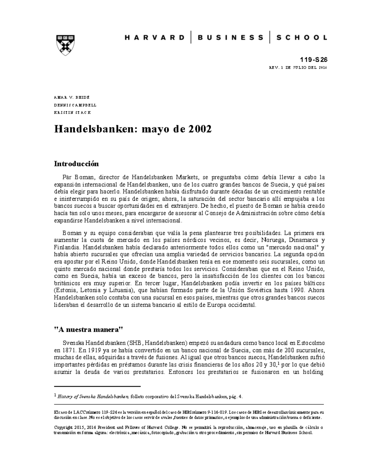 Caso de Estudio 119-S26: Expansión Internacional de Handelsbanken - Studocu