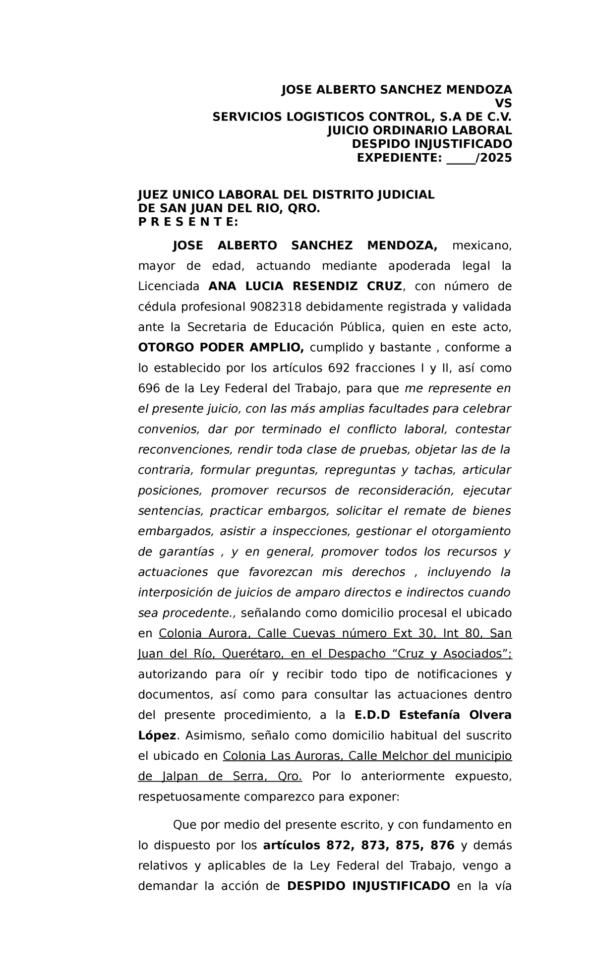 Demanda Laboral por Despido Injustificado - JOSE ALBERTO SANCHEZ MENDOZA vs. - Document Preview