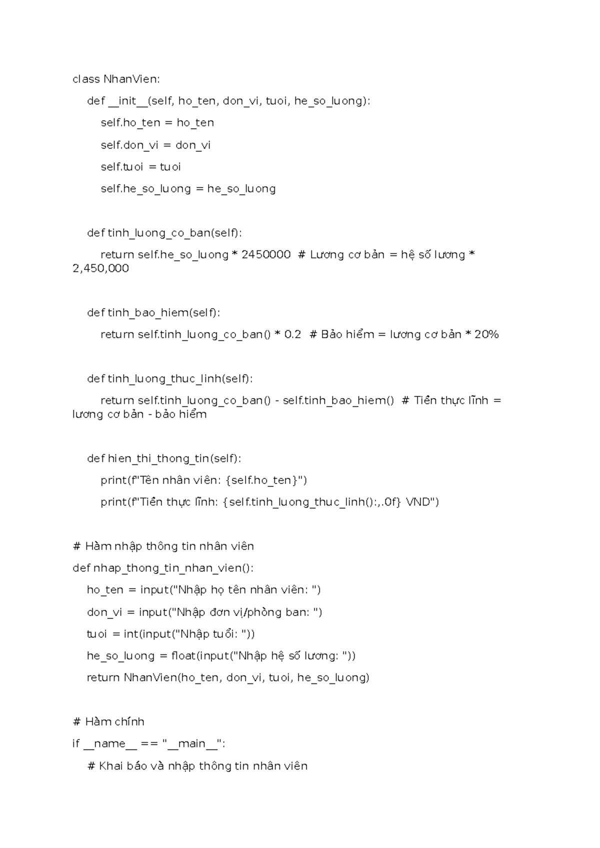 Lập Trình Python: Class Nhan Vien và Tính Toán Lương - Studocu