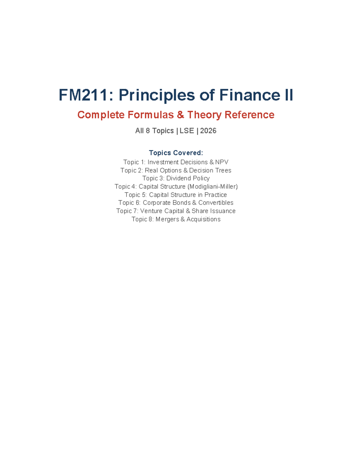 FM211: Principles of Finance II Comprehensive Formula Reference Guide - Document Preview