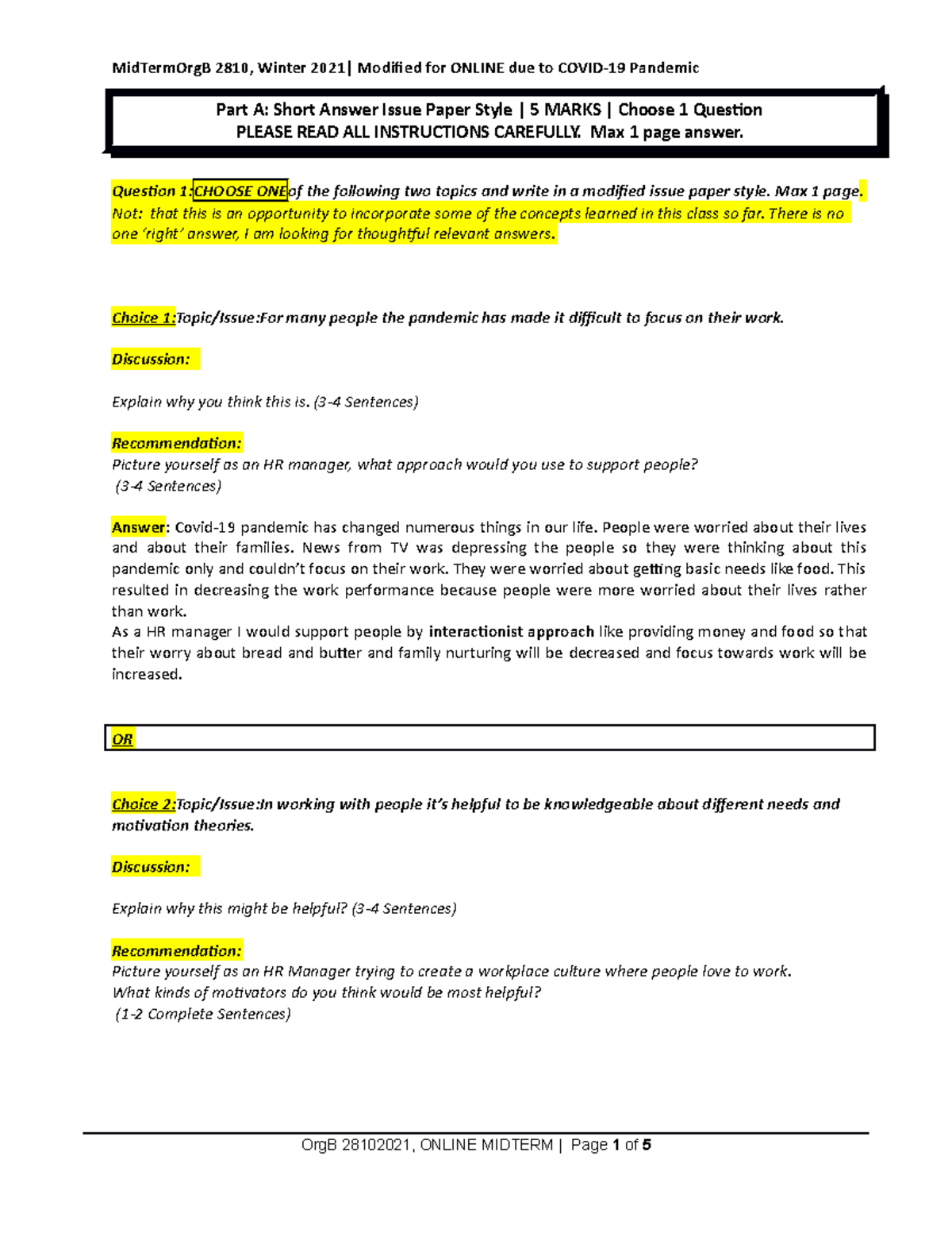 Midterm Exam Org B 2810 Short Answer Responses and Guidelines - Studocu