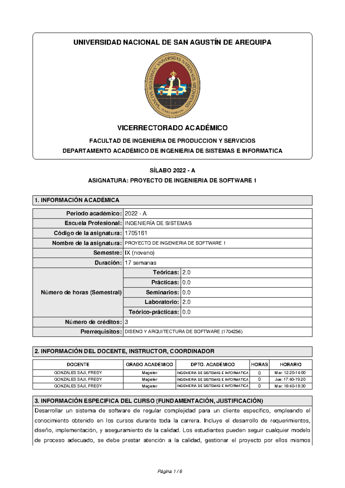 Sílabo 2022-A - Proyecto de Ingeniería de Software 1 (Código 1705161) - Document Preview