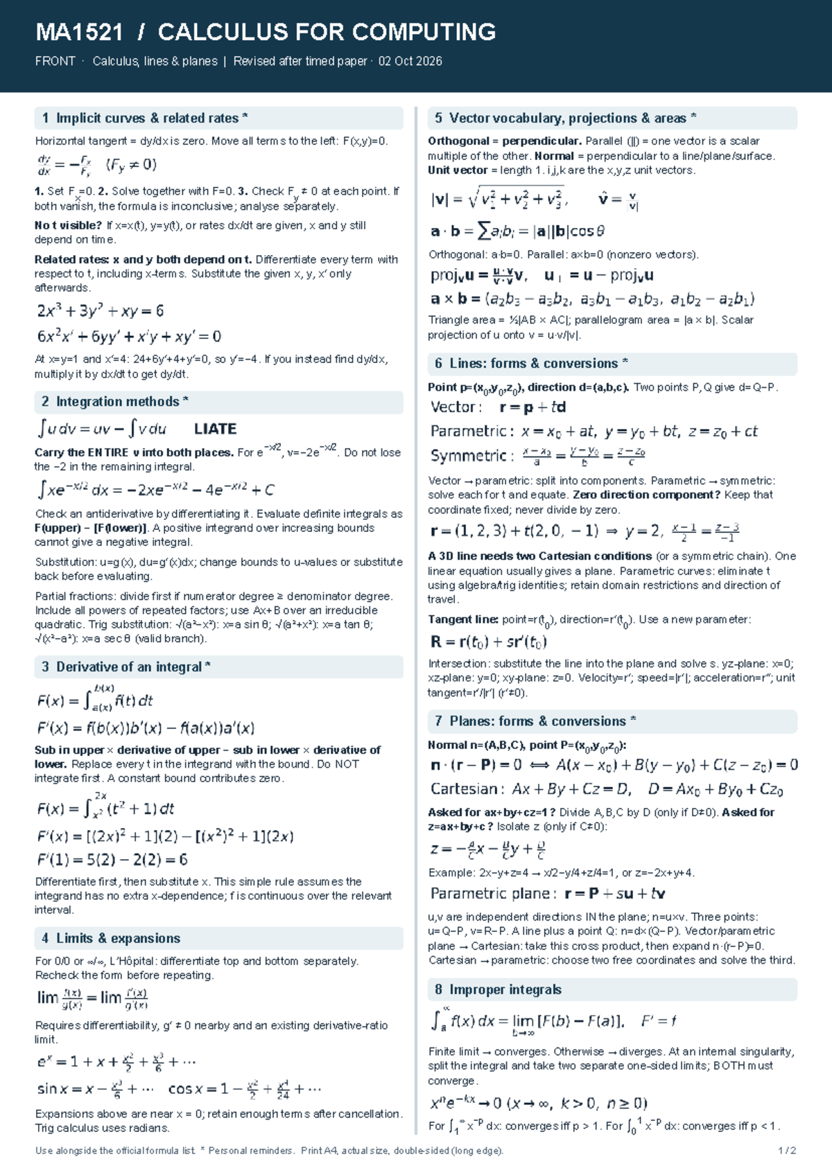 MA1521 Calculus for Computing Midterm Exam Cheat Sheet - Studocu