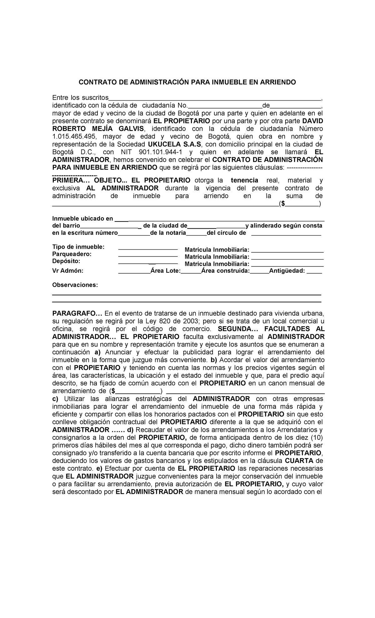 Contrato de Administración para Inmueble en Arriendo - UKUCELA S.A.S ...