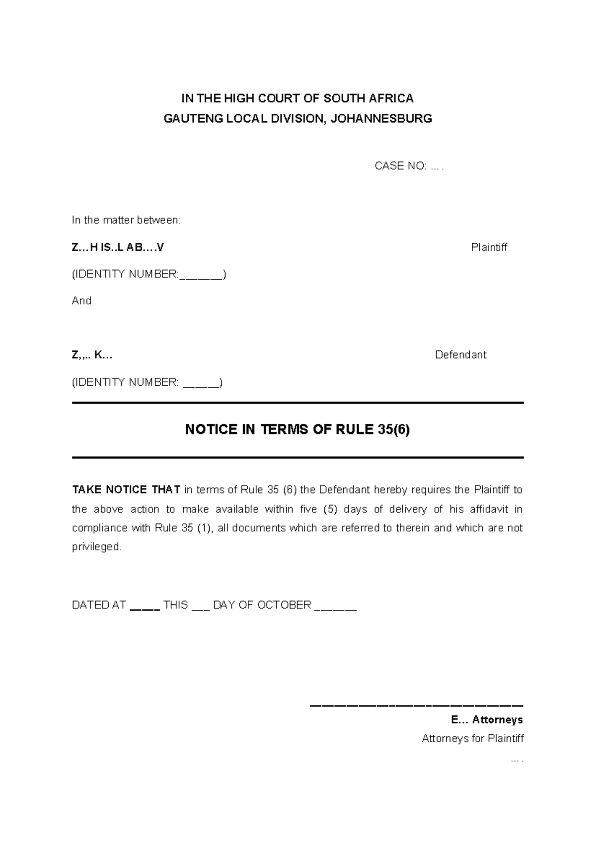 Discovery Notice - Case No: AOD BYI v EN, Court of Gauteng, Oct 2023 ...
