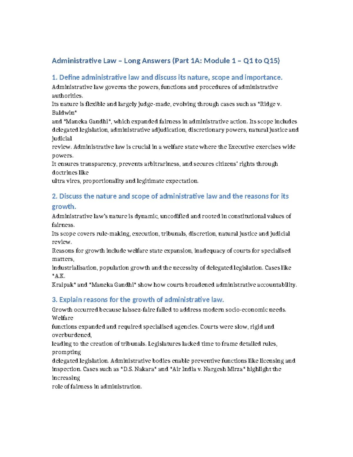 Admin Law Long Answers (Part 1A: Module 1 Q1-Q15) - Studocu