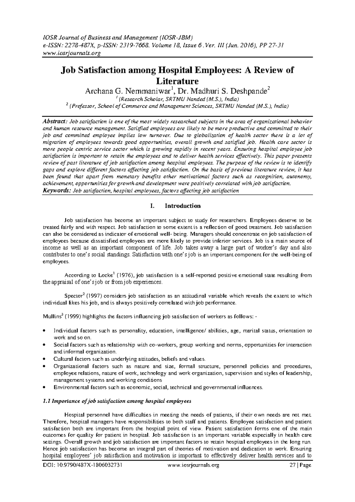Job Satisfaction Among Hospital Employees: A Literature Review (IOSR B ...
