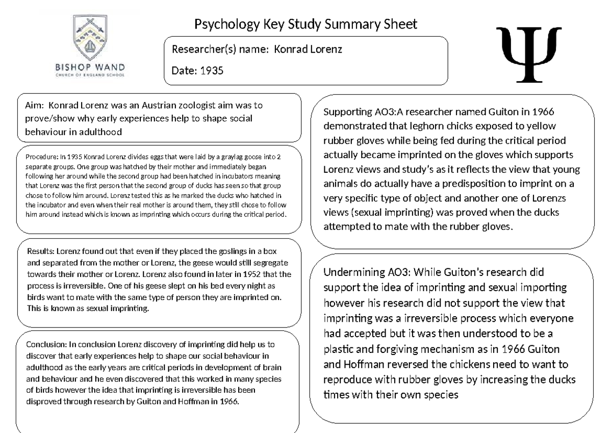 Psychology Key Study Sheet actual work - Psychology Key Study Summary ...