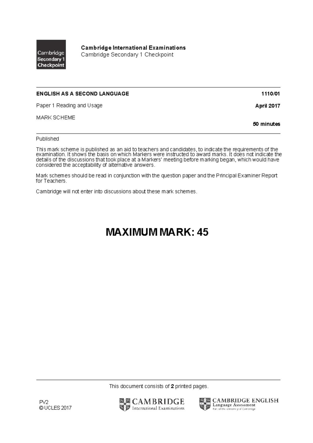Cambridge Checkpoint 1110 ESL Paper 1 Reading Mark Scheme 2017 - Studocu