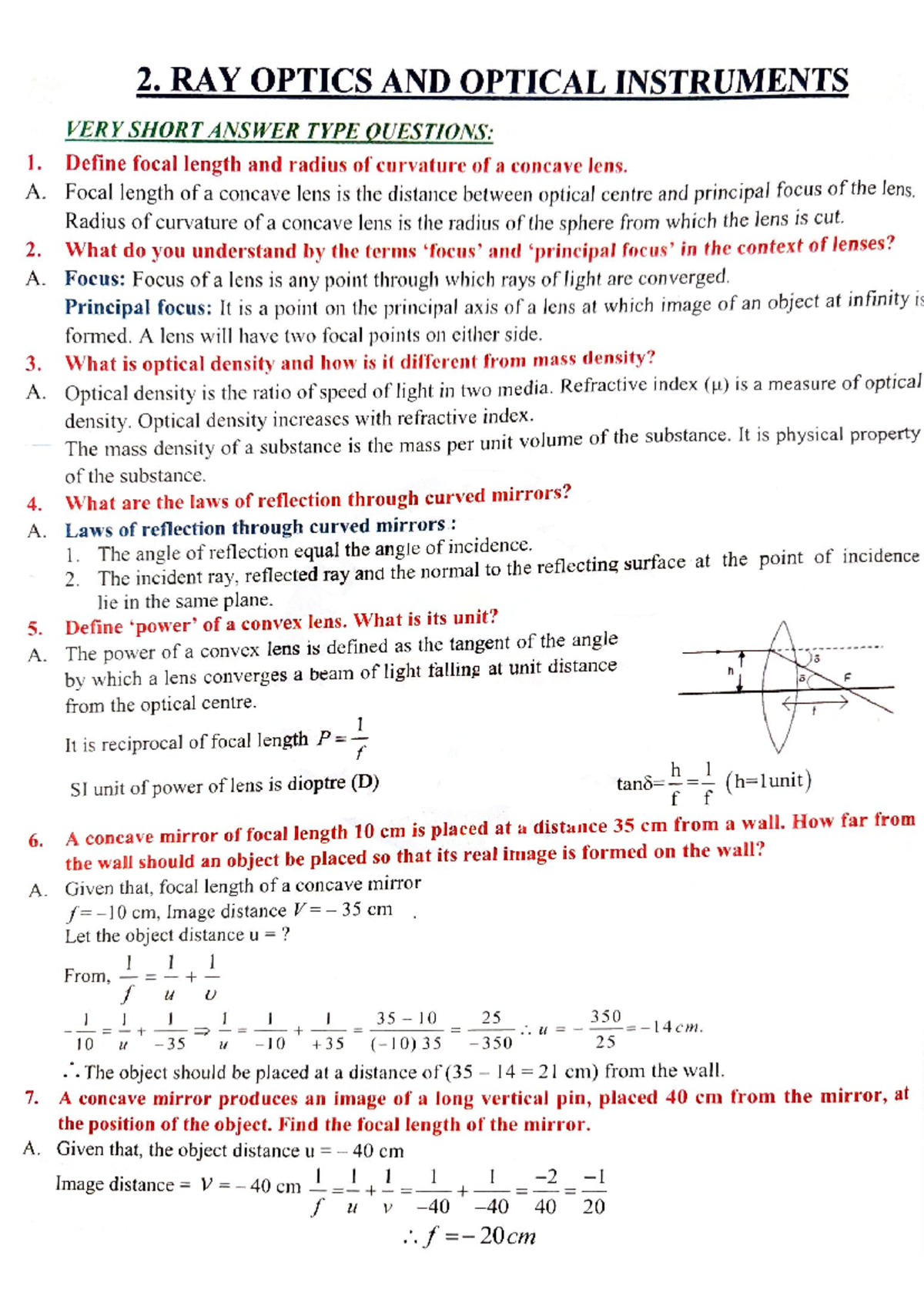 **PHY VSAQs - Important Questions on Ray Optics and Optical Instruments ...