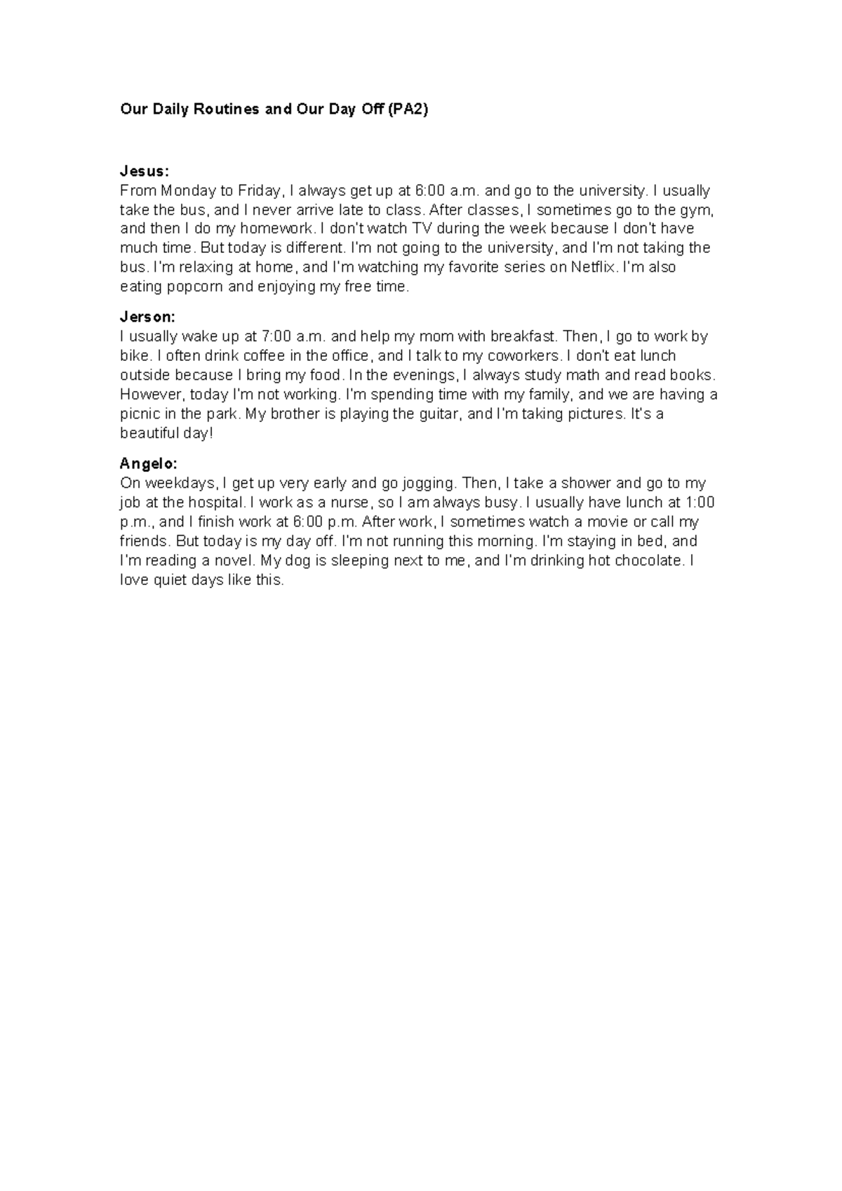 Daily Routines & Day Off Reflections (PA2) - Studocu