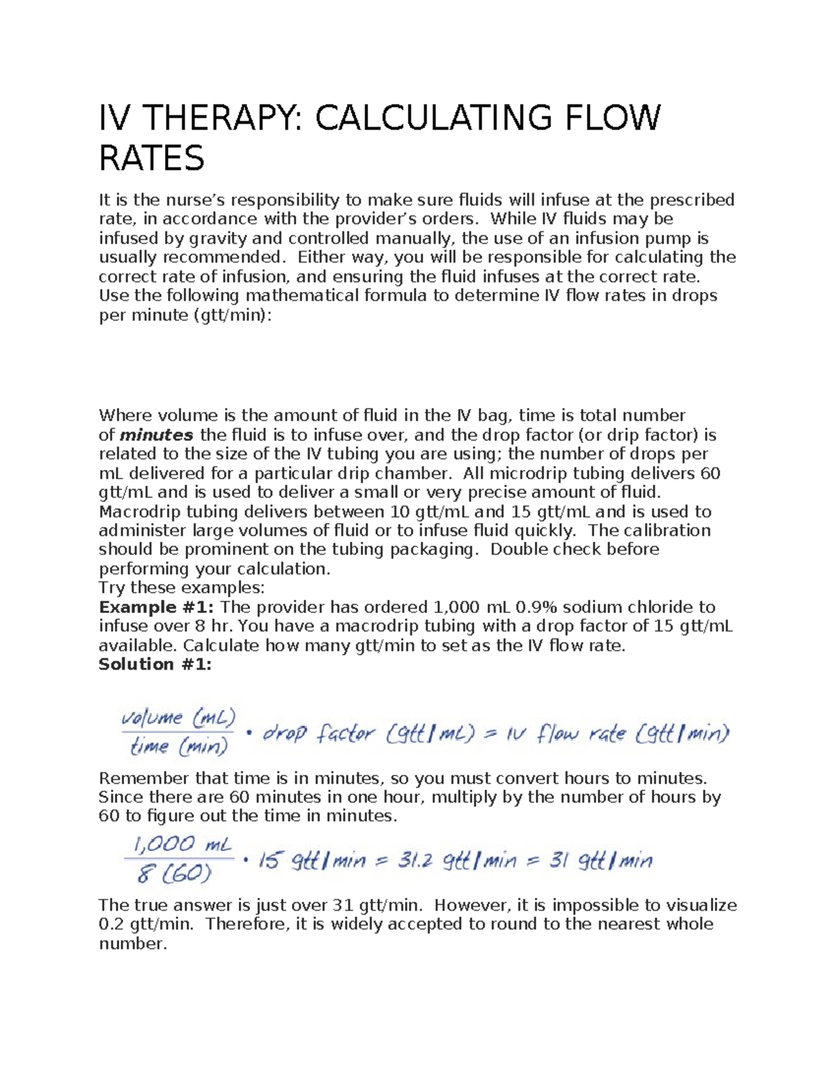 IV THERAPY: CALCULATING FLOW RATES & INFUSION NOTES - Studocu