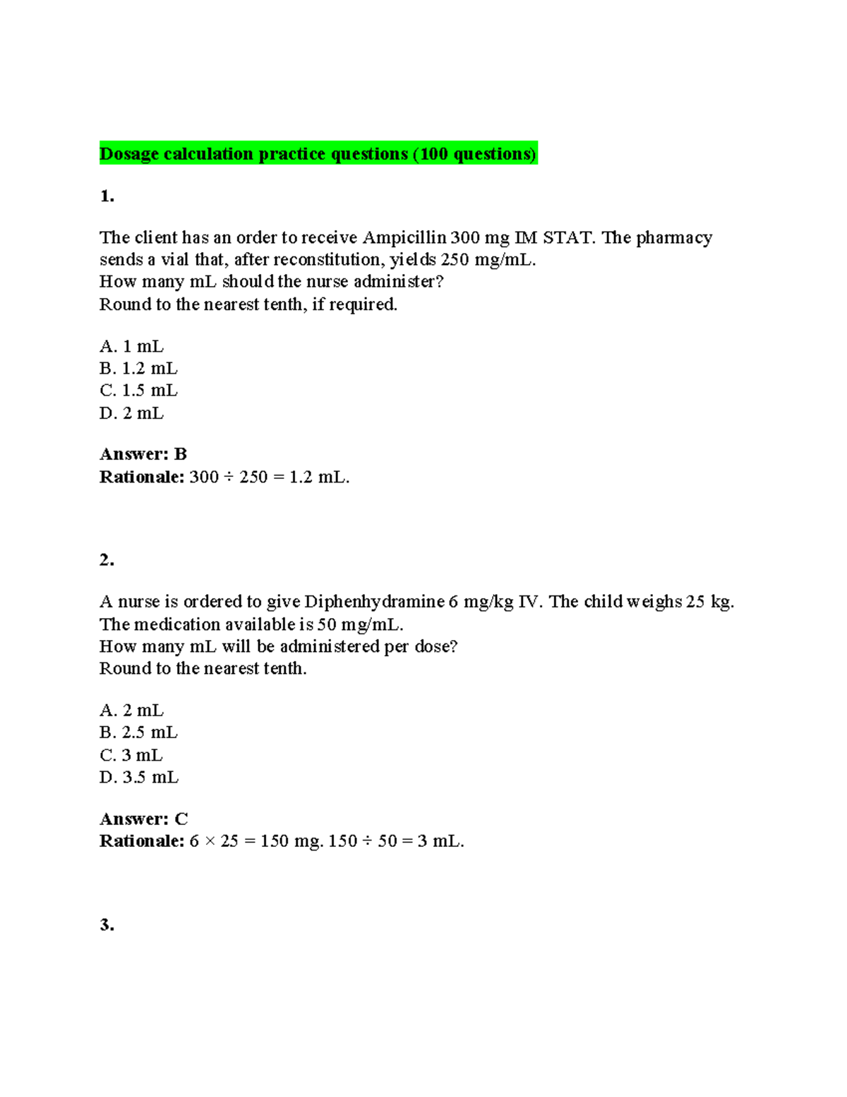 Dosage Calculation Practice Questions (100 Questions) - Studocu