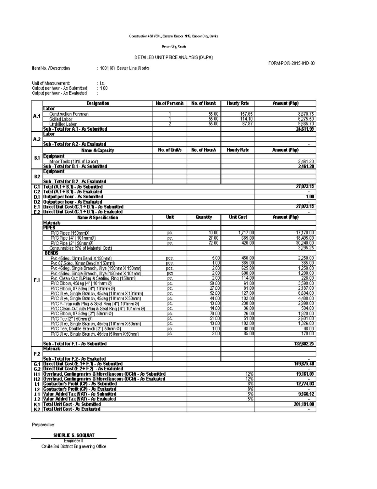 Detailed Unit Price Analysis (DUPA) for Sewer Line Works 4STY8CL - Studocu