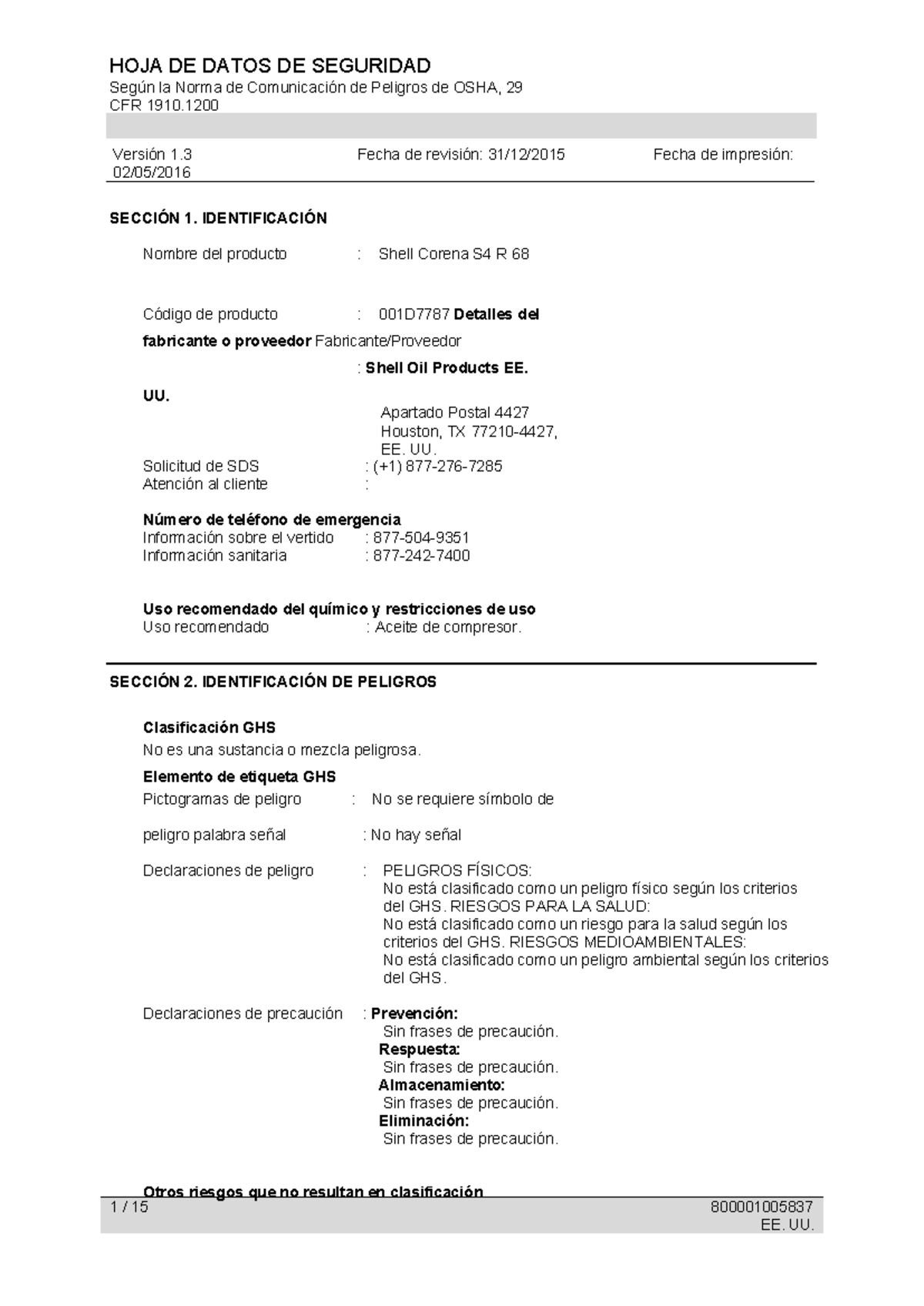 Hoja de Datos de Seguridad (SDS) para Shell Corena S4 R 68 - OSHA 29 ...