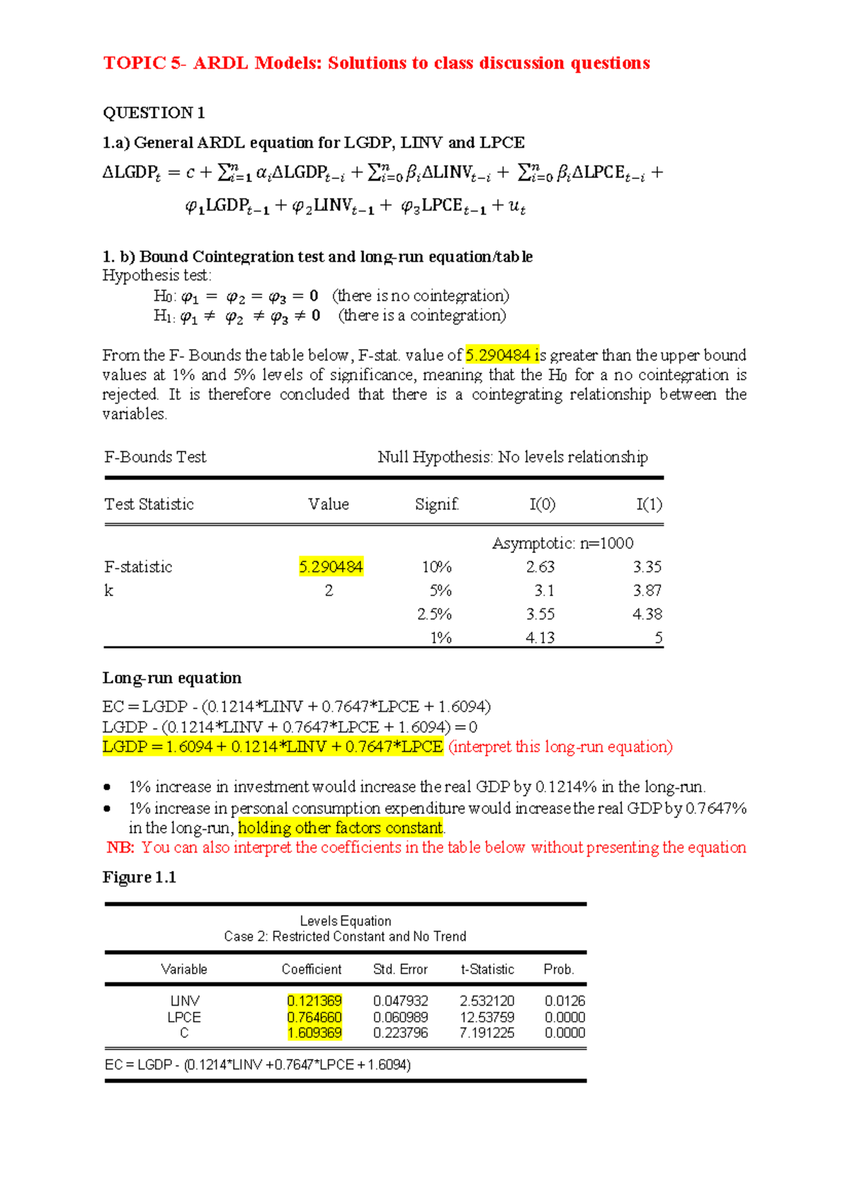 ARDL Analysis Solutions: Class Questions for Topic 5 - Studocu