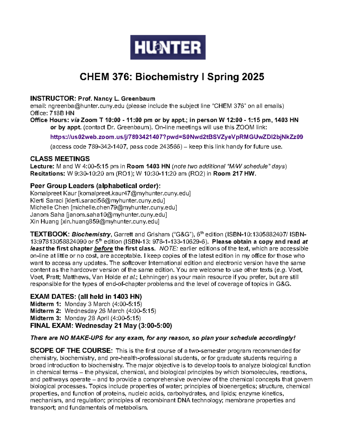 Syllabus for CHEM 376: Biochemistry I, Spring 2025 (Rev. 012725) - Studocu