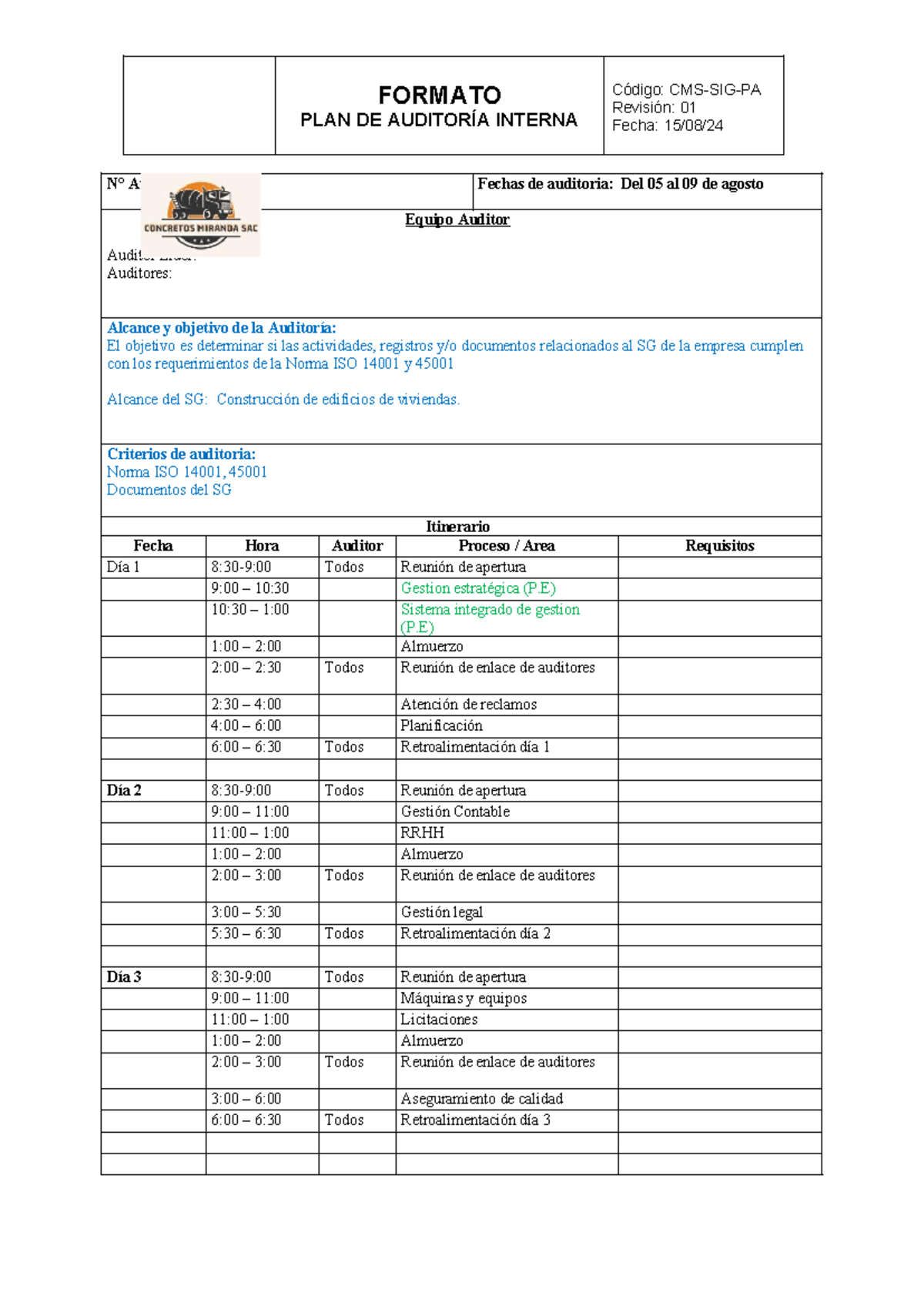 Plan de Auditoría Interna CMS-SIG-PA según Norma ISO 14001 y 45001 ...
