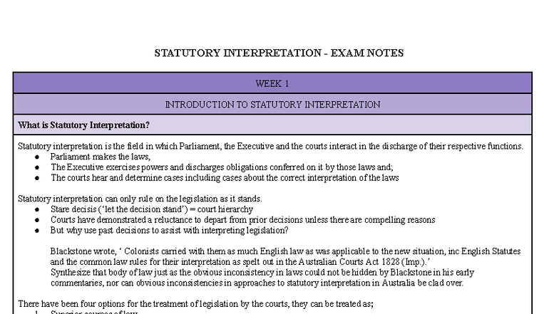 STATUTORY INTERPRETATION - WEEK 1 EXAM NOTES: INTRODUCTION & KEY ...