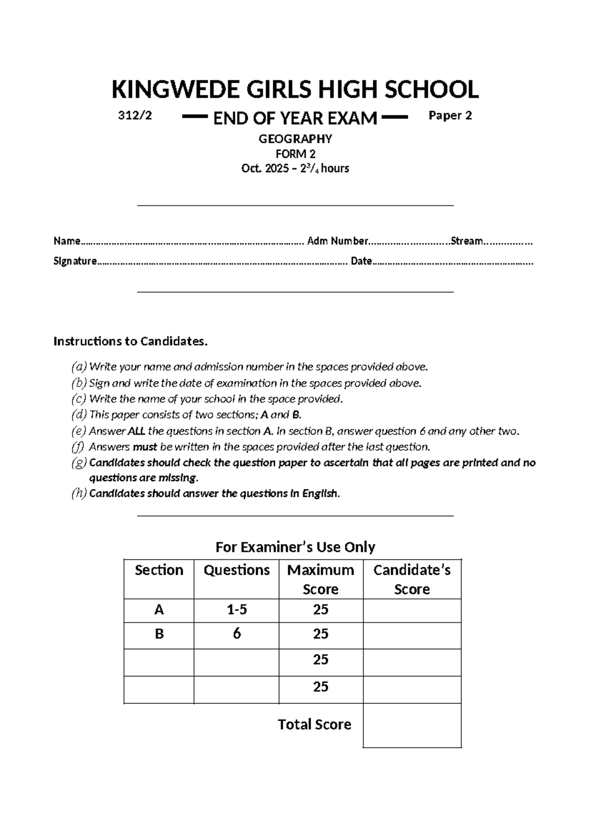 FORM 2 GEOGRAPHY END OF YEAR EXAM Paper 2 - Oct 2025 - Studocu