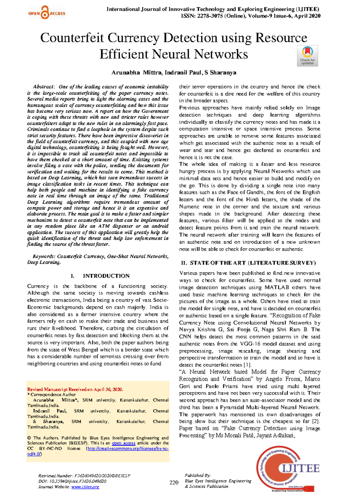 Counterfeit Currency Detection for Economic Stability - IJITEE 2020 ...