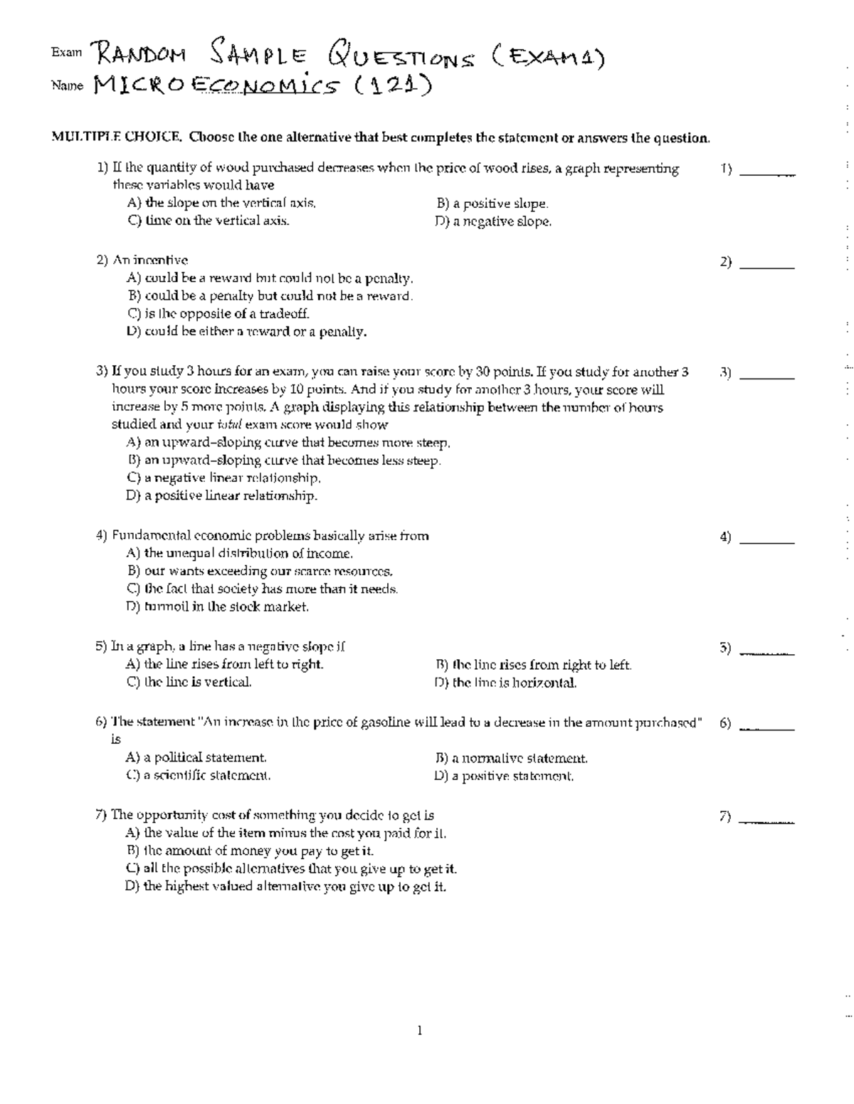 121 MICROECONOMICS RANDOM SAMPLE EXAM 1 MULTIPLE CHOICE QUESTIONS - Studocu