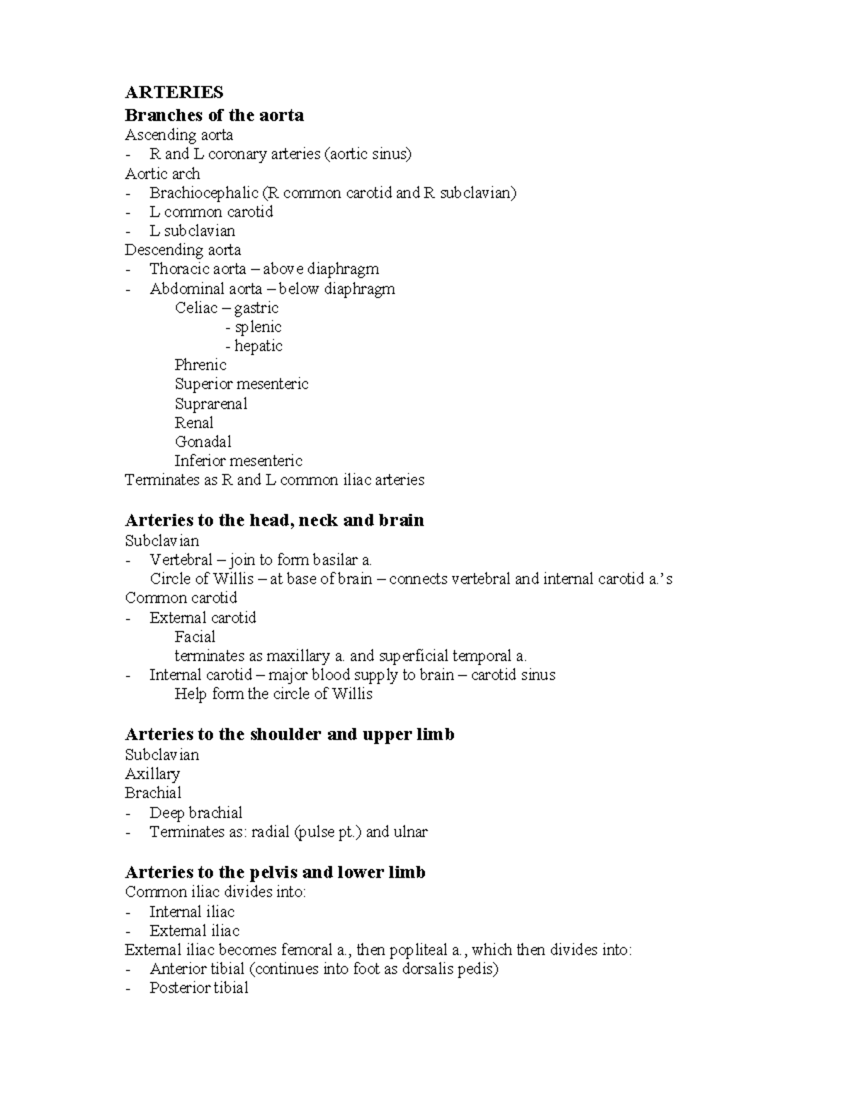 Vessel List - unit learning objectives - ARTERIES Branches of the aorta ...