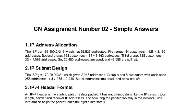 CN Assignment 02: IP Address Allocation & Networking Concepts - Studocu