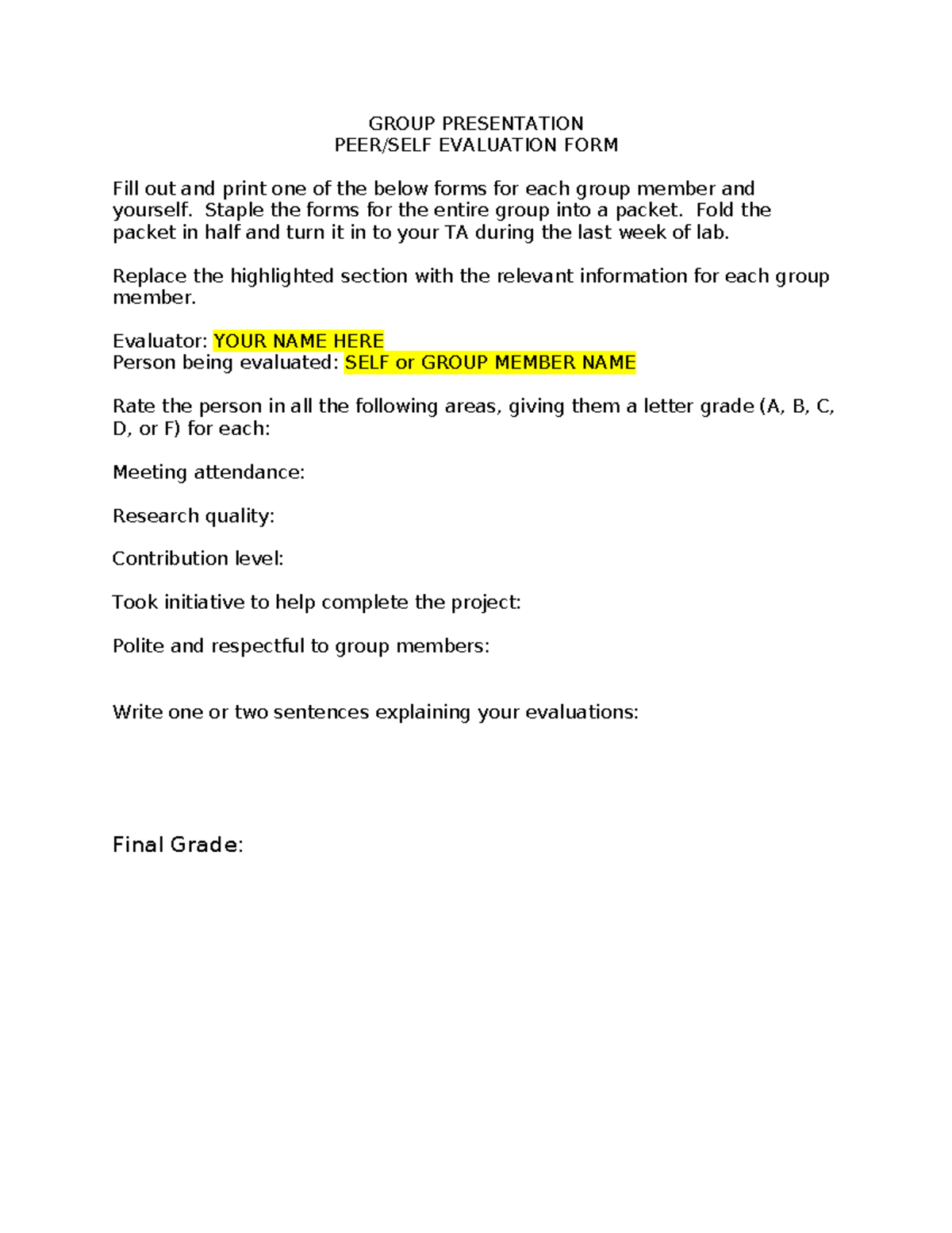 Ecology Presentation Group Evaluation Form - GROUP PRESENTATION PEER ...