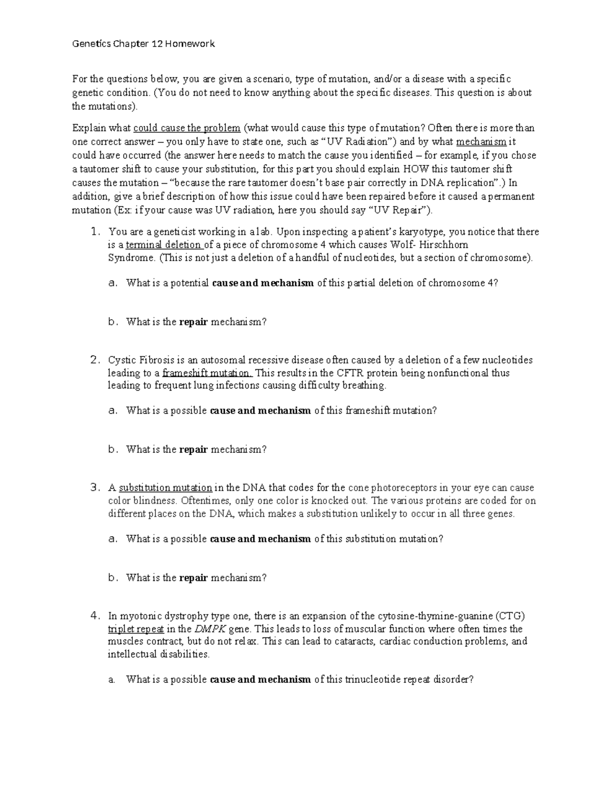 Genetics HW: Chapter 12 Mutation Causes & Repair Mechanisms - Studocu