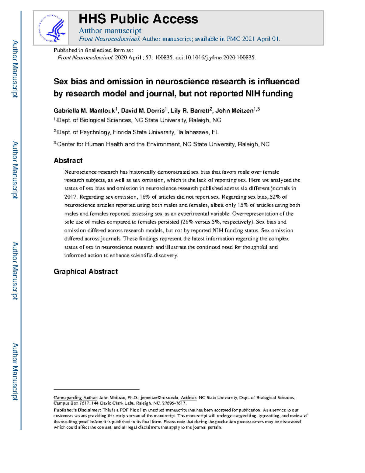 Sex Bias and Omission in Neuroscience Research: 2017 Journal Analysis ...
